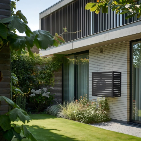 airco ombouw metaal zwart in tuin hangend aan de muur