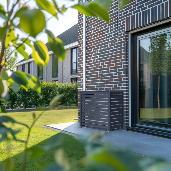 airco ombouw metaal antraciet in tuin staand